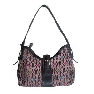 Fossil Monogram Shoulder Bag Purse Handbag Pink Black Leather Trim Flower Boho